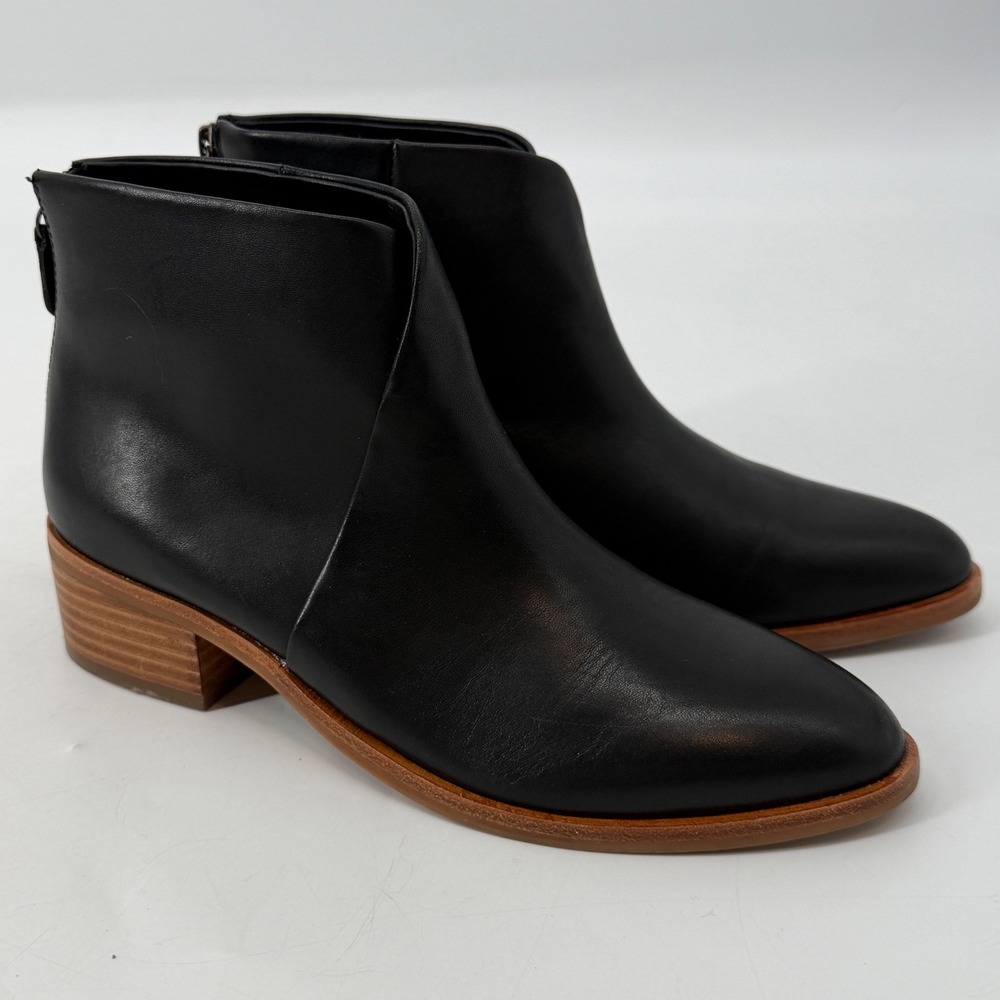 Soludos Women Black Leather Venetian Low Bootie Ankle Boots‎ Wood Heel Size 7